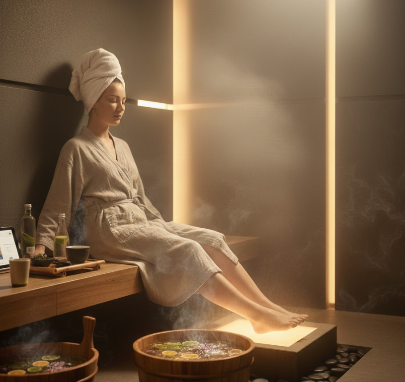 Oinen masajearen ongizate-gida sakona izerdi lurrun-gela batean